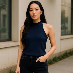 I. I.N.C International Concepts Minimalist Sleeveless Mock Turtle XS Navy Blue